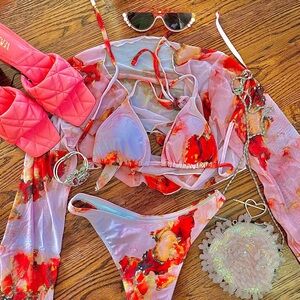 Three Piece Red and Pink Bikini Set